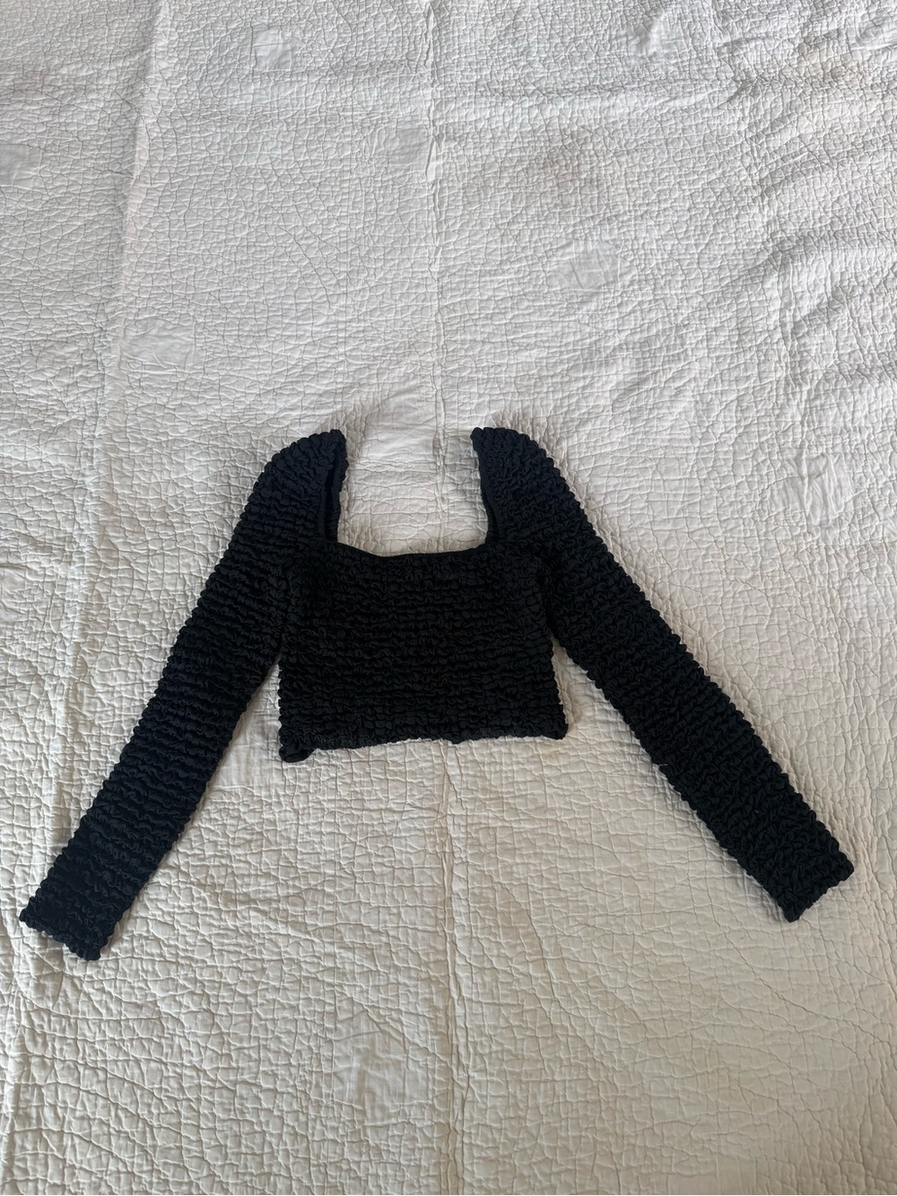 STAUD Black Smocked Long Sleeve Crop Top